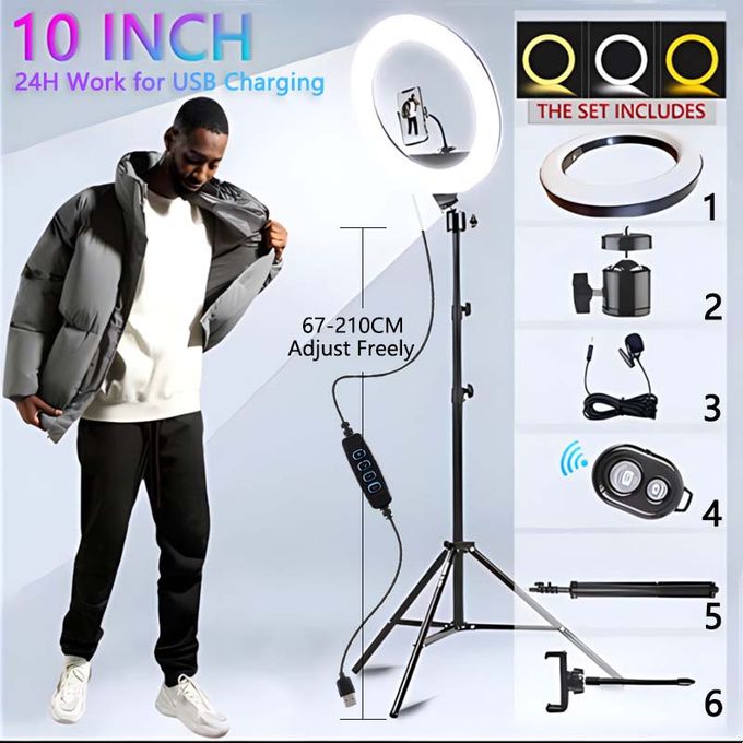 6 in 1 10 Inch Ring Light+2.1M Tripod Stand For Tiktok Youtube Gift:Mic+Remote image 1