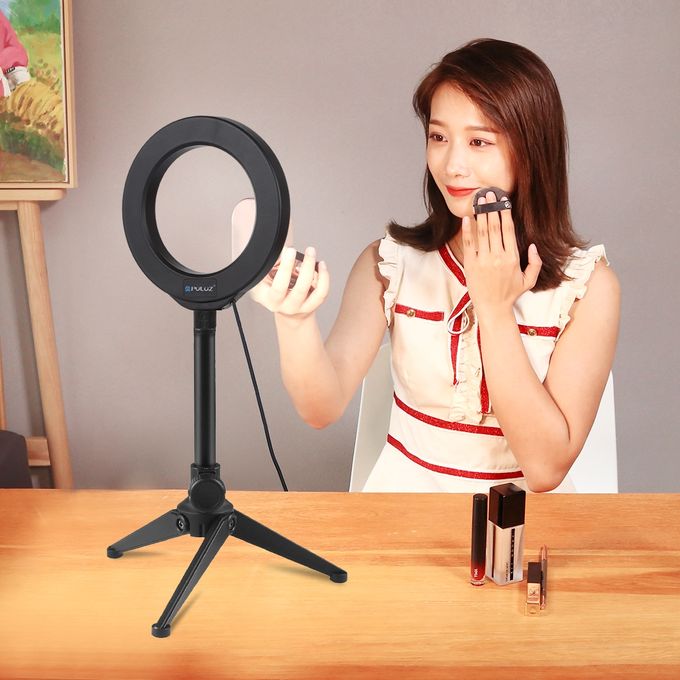 PULUZ 4.7 Inch 12cm Ring Light + Desktop Tripod Selfie Stick Mount USB White Light LED Ring Vlogging Photography Video Lights Kits(Black) image 1