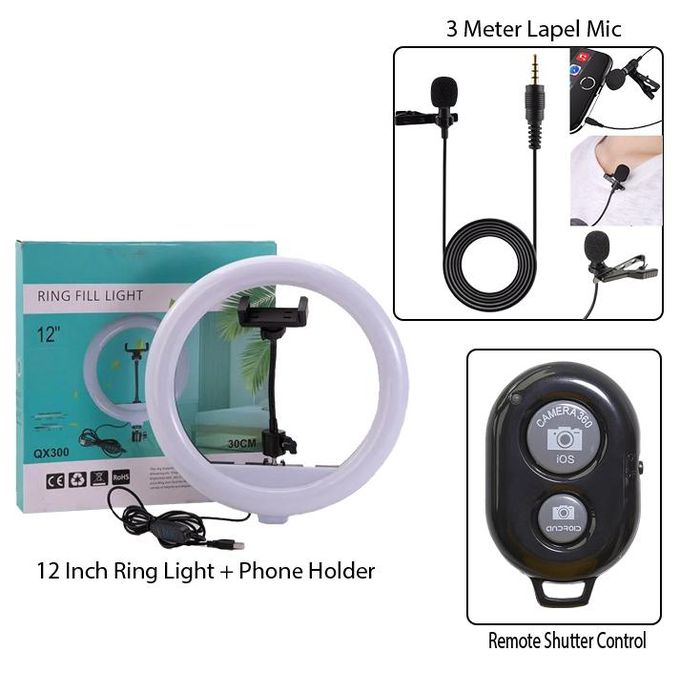 12 Inch Ring Light, Remote Shutter & 3 Meter Lapel Mic image 1