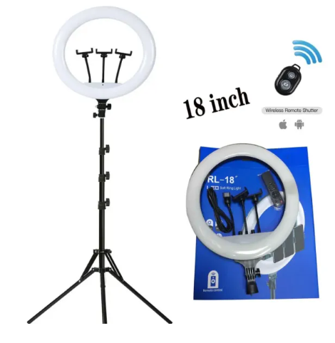 18 inch LED Ring Light with Tripod | 3 Phone Holders Remote Control image 1