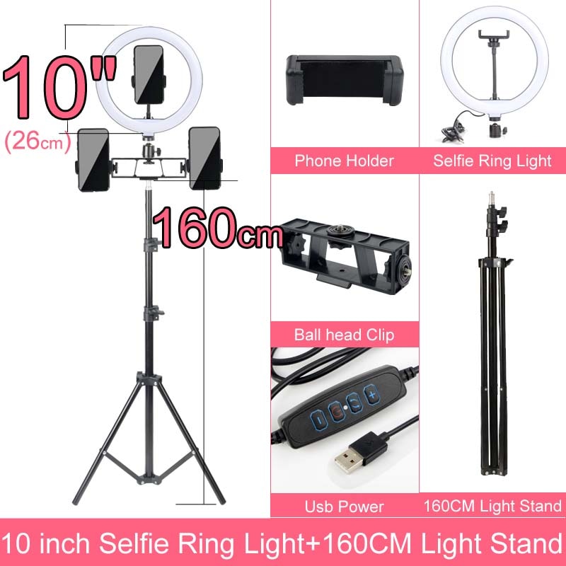 Christma Gift 10′ 12′ 14 Inch Double Dimmable LED Selfie Ring Light with Stand without Tripod 160cm Lamp Photography Ringlight Phone image 1
