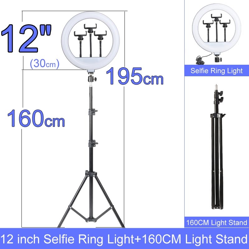 Christma Gift 12′ Inch Dimmable LED Selfie Ring Light with Stand without Tripod 160cm Lamp Photography Ringlight Phone image 1